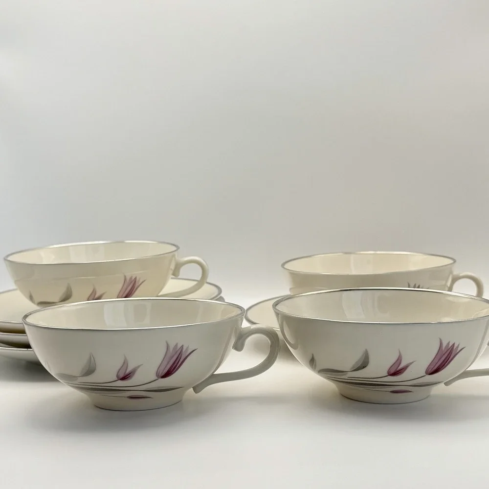 Vintage Franciscan China Carmel Set of 4 Tea Cups Saucers Pink Floral Tulips USA